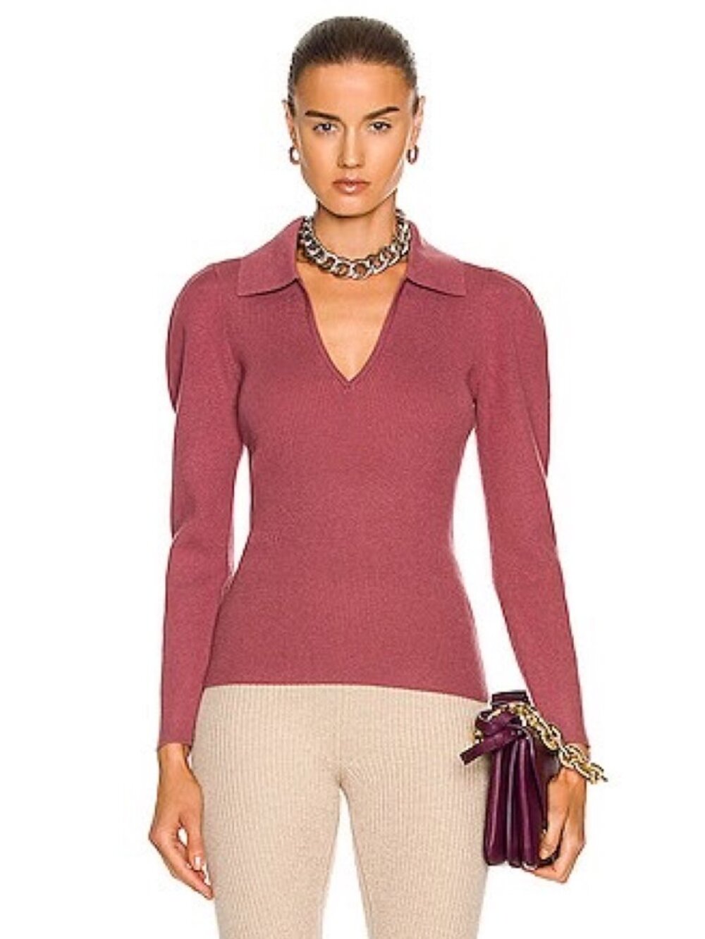 Jonathan Simkhai Ribbed Long Sleeve Polo Sweater in Mauve